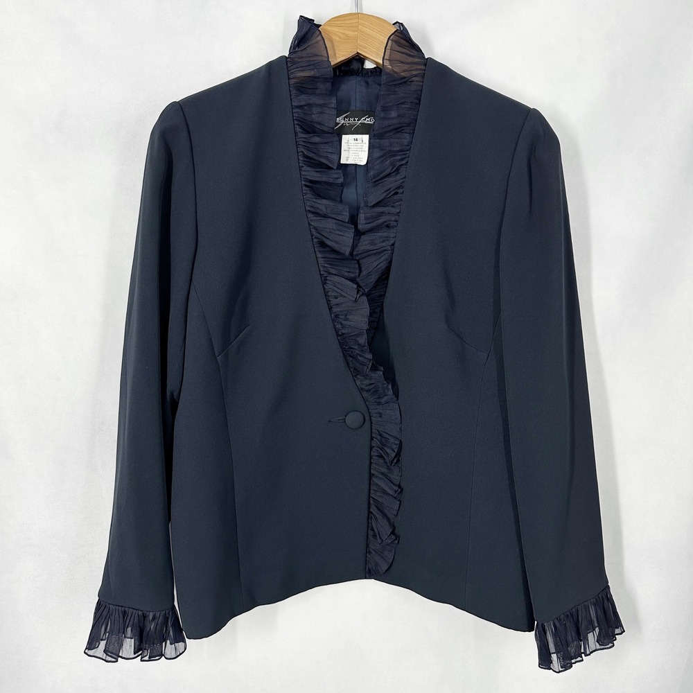 Sunny Choi Silk Ruffle Trim Long Sleeve Solid Navy‎ Blue Jacket Women's Size 14
